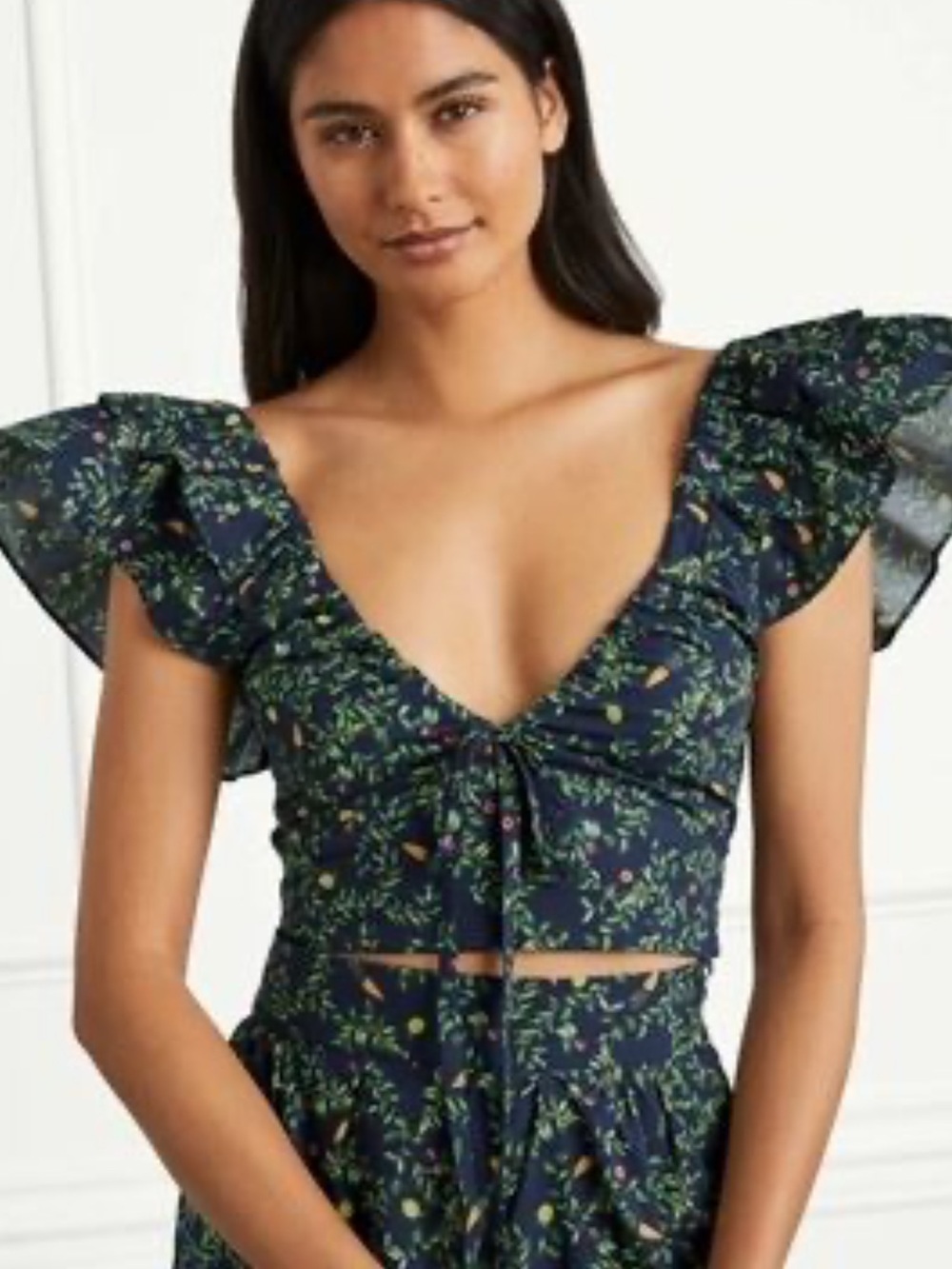 Hill House Ruffle Tie-Front Crop Top in Navy Fruit Print S